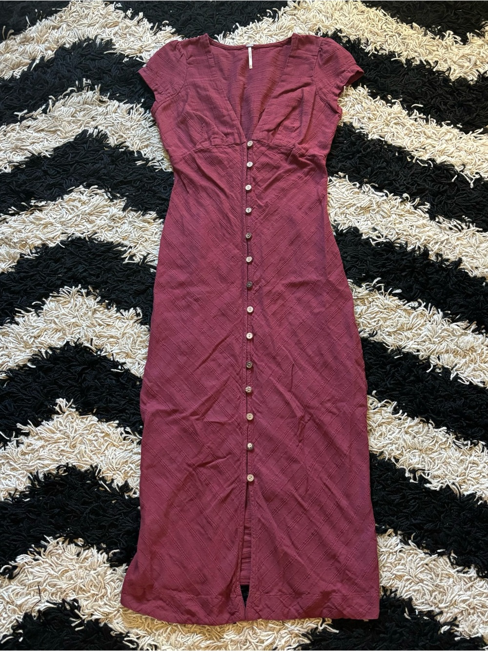 Free People New in Town Burgundy Berry V-Neck Cap Sleeve Button Down Dress